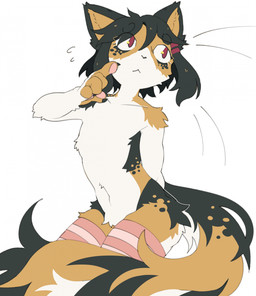 5_fingers anthro claws clothing finger_claws fingers fur gesture hair kemono legwear male male_anthro mostly_nude multicolored_body multicolored_fur pattern_clothing pattern_legwear pawpads paws simple_background solo striped_clothing striped_legwear stripes tail thigh_highs whiskers white_background teppuko calico_cat domestic_cat felid feline felis mammal 2025 digital_media_(artwork) hi_res