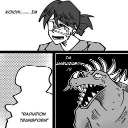 bodily_fluids clothing crying dialogue eye_patch eyewear facial_horn female feral hair horn nasal_horn nose_horn open_mouth scales sharp_teeth shell solo species_transformation spikes spikes_(anatomy) tears teeth text transformation destrobun0865 godzilla_(series) toho anguirus ankylosaurian ankylosaurid ankylosaurus dinosaur human mammal ornithischian prehistoric_species reptile scalie thyreophoran comic english_text greyscale monochrome