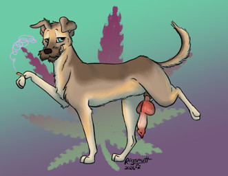 anatomically_correct anatomically_correct_genitalia anatomically_correct_penis animal_genitalia animal_penis bloodshot_eyes brown_body brown_fur canine_genitalia canine_penis countershading drugs feral fur genitals gradient_background grey_body grey_fur joint_in_hand knot knotted_penis male marijuana marijuana_leaf penis simple_background smile smoking smoking_marijuana solo tan_body tan_fur white_body white_fur regsmutt reg_(regsmutt) canid canine canis domestic_dog mammal 2026 digital_drawing_(artwork) digital_media_(artwork) hi_res
