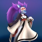 1:1 animal_mask anthro arc_system_works asian_clothing baiken breasts cleavage clothed clothing digital_media_(artwork) dutchsyndicalist east_asian_clothing fish fox_mask frown guilty_gear hair hi_res hyacinthia japanese_clothing latex latex_clothing marine mask melee_weapon non-mammal_breasts purple_hair scowl shark simple_background solo sword tight_clothing trans_(lore) trans_woman_(lore) weapon