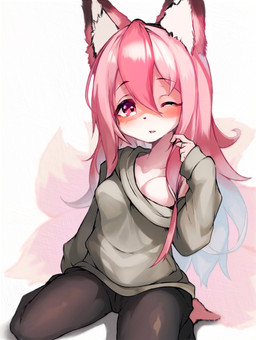 5_fingers anthro barefoot blush breasts clothed clothing feet female female_anthro fingers fluffy fur hair kemono kneeling long_hair multicolored_body multicolored_fur one_eye_closed open_mouth pink_body pink_eyes pink_fur pink_hair solo translucent translucent_hair white_body white_fur tabhead brand_new_animal studio_trigger nazuna_hiwatashi canid canine fox mammal 2020 absurd_res hi_res unavailable_at_source
