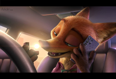 accessory anthro car cellphone clothing collared_shirt digit_ring dress_shirt electronics eyebrows jewelry lens_flare logo male narrowed_eyes necktie phone raised_eyebrow ring shirt smartphone solo steering_wheel sunset text topwear vehicle wedding_ring askalin disney zootopia nick_wilde canid canine fox mammal red_fox true_fox artist_logo artist_name digital_media_(artwork) hi_res watermark
