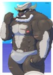 anthro body_hair bulge chest_hair clothing hair hat headgear headwear horn male mature_male solo speedo swimwear white_hair nimonotaka lifewonders tokyo_afterschool_summoners ahab_(tas) bear bovid bovine mammal true_buffalo water_buffalo hi_res