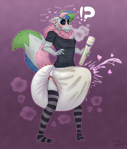 anthro aroused big_diaper black_clothing black_shirt black_topwear blue_body blue_fur blush bodily_fluids clothing cum cum_in_diaper diaper ejaculation erection erection_in_diaper fluffy fluffy_tail footwear fur genital_fluids green_body green_fur grey_body grey_fur hands-free huge_diaper hyper hyper_diaper legwear neck_tuft pattern_clothing pattern_footwear pattern_legwear pattern_socks pattern_stockings pink_body pink_ears pink_fur pink_nose poof_effect sex_toy shirt simple_background socks solo spontaneous_ejaculation standing stockings striped_clothing striped_footwear striped_legwear striped_socks striped_stockings stripes surprised tail text topwear tuft unclean_diaper vibrator wand_vibrator poofbuttrocky rocky_(poofbuttrocky) canid canine canis mammal wolf hi_res