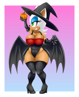 anthro armwear bat_wings big_breasts black_boots black_clothing black_footwear black_gloves black_handwear black_hat black_headwear black_leotard black_nose black_wings blue_background blue_eyeshadow boots border breasts cleavage cleavage_overflow clothed clothing costume elbow_gloves eyelashes eyeshadow female footwear front_view gloves gradient_background green_eyes halloween_costume handwear hat headgear headwear high_heeled_boots high_heels holding_pumpkin holidays knee_boots knee_highs legwear leotard makeup membrane_(anatomy) membranous_wings pink_background shoes simple_background smile solo thick_thighs thigh_boots thigh_highs white_border wide_hips wings witch_costume witch_hat jbreak1 halloween sega sonic_the_hedgehog_(series) rouge_the_bat bat mammal hi_res