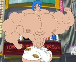 5_fingers abs areola bangs big_bulge big_muscles big_pecs blue_hair boxers_(clothing) boxers_only building bulge clothed clothing detailed_bulge fingers fist flexing flexing_bicep green_eyes hair happy huge_muscles huge_pecs huge_thighs humanoid_pointy_ears hyper hyper_muscles long_hair male male_humanoid muscular muscular_arms navel nipples outside pattern_boxers pattern_clothing pattern_underwear pecs pointy_ears screencap screencap_background sign solo tan_areola tan_body tan_nipples tan_skin thick_thighs toothy_grin topless topless_humanoid topless_male underwear underwear_only white_boxers white_clothing white_underwear wish-granter kappa_mikey gonard_(kappa_mikey) humanoid 2022 digital_drawing_(artwork) digital_media_(artwork) english_description flat_colors hi_res portrait three-quarter_portrait