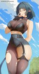 big_breasts biped bottomwear breasts clothed clothing eyelashes female hair pupils smile solo text thick_thighs topwear araneesama jane_doe_(zenless_zone_zero) humanoid hi_res url