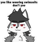 anthro blush caption fur grey_body grey_fur grey_hair hair male red_eyes simple_background solo text white_background white_body white_fur mykegreywolf boy_kisser_(meme) myke_greywolf_(character) canid canine canis mammal wolf english_text hi_res meme