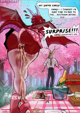 2_horns accessory alcohol anthro anthro_on_anthro antlers back_wings basket beverage black_antlers black_bottomwear black_clothing black_horn black_pants black_text blue_sky bodily_fluids bottle bottomwear brown_body brown_fur bucket butt champagne cherry_tree chocolate-covered_strawberry claws clothing collared_shirt container crossed_legs date day dialogue dress dress_shirt duo exclamation_point female female_anthro female_focus female_peeing finger_claws food footwear fruit fruit_tree fur genital_fluids grass heart_symbol high_heels holding_crotch holidays horn ice leaning leaning_forward low-angle_view male male/female male_anthro membrane_(anatomy) membranous_wings metal_bucket multicolored_body multicolored_clothing multicolored_dress multicolored_fur multicolored_horn multicolored_panties multicolored_scales multicolored_underwear necktie omorashi onomatopoeia outside panties pants pattern_bottomwear pattern_clothing pattern_dress pattern_panties pattern_underwear peeing peeing_outside picnic picnic_basket pink_blanket pink_clothing pink_dress pink_footwear pink_panties pink_shoes pink_underwear plaid_blanket plant plate pumps purple_body purple_horn purple_scales purple_tail red_body red_necktie red_scales red_tail red_wings rolled_up_sleeves scales shirt shoes sky snout solo_focus sound_effects speech_bubble spread_wings standing strawberry striped_bottomwear striped_clothing striped_panties striped_underwear stripes tail talking_to_another talking_to_partner tan_body tan_fur text topwear tree two_tone_blanket two_tone_body two_tone_clothing two_tone_dress two_tone_fur two_tone_horn two_tone_panties two_tone_scales two_tone_tail two_tone_underwear underwear urine urine_on_leg wet wet_clothing wet_panties wet_underwear wetting white_blanket white_claws white_clothing white_dress white_horn white_panties white_shirt white_text white_topwear white_underwear wings lameboast european_mythology mythology valentine's_day rose_(potatotime) deer dragon mammal mythological_creature mythological_scalie scalie western_dragon 2026 artist_name english_text hi_res
