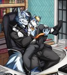 absurd_res anthro boss bulge canid canine canis clothed clothing clothing_pull discipline domestic_dog duo fur hi_res male male/male mammal midnight_blue necktie necktie_pull office on_lap simple_background sitting sitting_on_lap size_difference smile suit uniform wolf