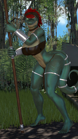 5_fingers 5_toes anthro armor barefoot big_breasts bottomwear bra breasts choker cleavage clothed clothing colored_nails day feet female fingers forest furgonomics gauntlets gloves grass green_body green_eyes green_scales hair handwear holding_melee_weapon holding_object holding_weapon jewelry jungle kerchief loincloth looking_at_viewer melee_weapon nails necklace plant polearm pose red_hair ruins scales sharp_teeth smile smiling_at_viewer solo spear tail teeth toes tree underwear weapon thevestige petruz_(modeler) jayda_(thevestige) lizard_(petruz) lizard reptile scalie 3d_(artwork) 9:16 digital_media_(artwork) hi_res pinup portrait source_filmmaker_(artwork)