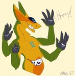 1_eye anthro cute_fangs dialogue gemini_the_sergal hi_res male mawliet mouth_closed mouth_on_chest multi_arm multi_hand multi_limb multi_mouth multicolored_body open_mouth sergal solo teeth