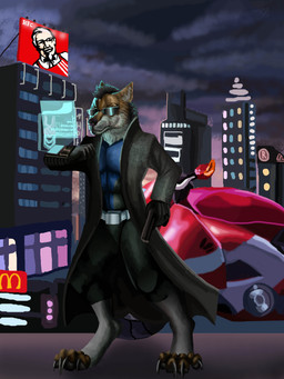 anthro belt clothing costume cyberpunk detailed_background eye_mask fight gloves hair handwear hero male mask motorcycle outside pose solo street superhero tail technology utility_belt vehicle weapon dragonpinkiepie kfc jack_(alphaleader) syris canid canine canis mammal wolf 3:4 absurd_res hi_res superabsurd_res
