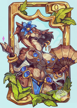 5_fingers accessory anthro areola bedroom_eyes biceps blue_border border bracelet brown_body card claws clothed clothing curvy_figure fangs female finger_claws fingers flower flower_accessory furgonomic_piercing furgonomics gold_(metal) gold_border gold_bracelet gold_jewelry holding_fan jewelry looking_at_viewer looking_down looking_down_at_viewer low-angle_view narrowed_eyes navel nipple_piercing nipples outside piercing pink_eyes plant seductive skimpy smile smiling_at_viewer snake_hood snake_hood_piercing solo tan_body teeth wide_hips lari.ros cobra reptile scalie snake 2025 absurd_res hi_res