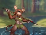 3_fingers anthro antlers bottomwear breasts brown_body brown_fur brown_hair clothed clothing female fingers fishing forest fur hair horn loincloth melee_weapon nature navel outside partially_inside partially_submerged plant polearm solo spear spearfishing standing standing_in_water text tree tribal water weapon abluedeer blizzard_entertainment warcraft mahasa_whitewater bovid bovine highmountain_tauren mammal tauren 2023 url watermark