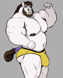 anthro armpit_hair barazoku beard belly biceps big_bulge big_muscles big_nipples big_pecs blue_eyes body_hair briefs bulge butt clothing detailed_bulge eyebrows facial_hair flexing grey_background hair looking_at_viewer male musclegut muscular muscular_arms muscular_legs muscular_male navel nipples pecs simple_background solo tail underwear white_body tcw equid equine horse mammal 4:5 hi_res