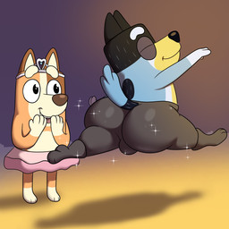 amazed anthro big_butt black_body black_clothing black_ears black_eyes black_fur black_leggings black_legwear black_nose black_tail blue_body blue_fur blue_tail bottomwear brown_body brown_ears brown_fur brown_nose bulge butt canon_couple clothing crown dancewear duo eyes_closed female fur hand_on_mouth hand_on_own_mouth happy headgear jumping leggings legwear looking_at_another male male_focus multicolored_body multicolored_bottomwear multicolored_clothing multicolored_fur orange_body orange_fur outside pink_bottomwear pink_clothing pink_tutu pose rear_view skirt smile sparkles standing tail teeth thick_thighs three-quarter_view tiara tongue tutu two_tone_bottomwear two_tone_clothing two_tone_tail yellow_body yellow_fur colossalstars bluey_(series) bandit_heeler chilli_heeler australian_cattle_dog canid canine canis cattledog domestic_dog herding_dog mammal pastoral_dog 1:1 2026 absurd_res digital_media_(artwork) hi_res