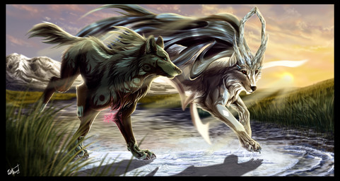 4_toes black_nose blue_eyes cloud day detailed_background duo feet feral grass outside paws plant red_eyes sky sun toes water wolfroad canid canine canis mammal wolf 2012 absurd_res digital_media_(artwork) hi_res