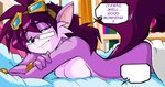 anthro bed bracelet breasts eyewear eyewear_on_head fangs featureless_breasts female fur furniture glasses goggles goggles_on_head jewelry nude on_bed purple_body purple_fur side_boob solo tail teeth text under_covers shonuff frizzy_fox canid canine fox mammal english_text