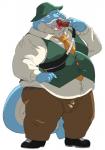 anthro blue_body bottomwear bulge clothing eating hat headgear headwear humanoid_hands male overweight overweight_anthro overweight_male pants shirt simple_background solo topwear white_background bluewhale127 2019 hi_res