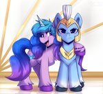 armor duo female guard headgear helmet hooves horn purple_eyes side_hug shadowreindeer hasbro mlp_g5 my_little_pony mythology izzy_moonbow_(mlp) zoom_zephyrwing_(mlp) equid equine mammal mythological_creature mythological_equine unicorn hi_res