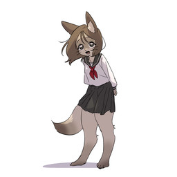 anthro asian_clothing black_bottomwear black_clothing black_skirt bottomwear bow_tie brown_ears brown_hair brown_tail_tip clothing dipstick_tail east_asian_clothing female fur grey_eyes hair hands_behind_back japanese_clothing japanese_school_uniform kemono looking_at_viewer markings no_shoes red_bow_tie school_uniform serafuku skirt solo standing tail tail_markings tan_body tan_fur uniform whiskers white_blouse young yeeny felid feline mammal 1:1 hi_res