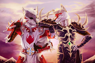 anthro armor clothing duo eye_patch eyewear facial_markings fur grey_body grey_fur head_markings headgear helmet male markings melee_weapon pauldron purple_eyes scar smile smirk sunset sword tabard tan_body tan_fur teeth weapon white_body white_fur yellow_eyes naste16 blizzard_entertainment warcraft russo zanshin canid canine canis fox hybrid mammal wolf 2021 hi_res