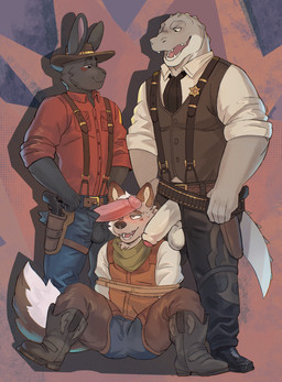 accessory ammo_belt ammunition anthro arms_tied arms_tied_behind_back aroused aroused_by_another aroused_face aroused_male aroused_smile arrested balls balls_through_fly bandolier barazoku bedroom_eyes belt belt_grab biceps big_balls big_muscles big_pecs big_penis black_body black_boots black_bottomwear black_clothing black_footwear black_fur black_necktie black_pants black_pubes blue_bottomwear blue_clothing blue_jeans blue_pants blush blush_lines blushing_profusely boots bottomwear bound brown_belt brown_body brown_boots brown_chaps brown_clothing brown_footwear brown_fur brown_hat brown_headwear brown_suspenders brown_topwear brown_vest captured chaps clothed clothing cowboy cowboy_boots cowboy_hat cowboy_outfit criminal crotch_in_face denim denim_bottomwear denim_clothing deputy dominant dominant_anthro dominant_male domination/submission duo erection face_in_crotch fellatio_request flirting flirting_look footwear fugitive fur genitals green_clothing green_kerchief grey_body grey_fur grey_scales grin grinning_at_another grinning_at_partner gun gun_holster gun_on_thigh hand_on_belt handgun hat headgear headwear holding_belt holding_object imminent_fellatio imminent_oral intimidation inviting inviting_to_oral inviting_to_sex jeans kerchief larger_anthro larger_male lasso looking_pleasured looming looming_over male male/male manly muscular muscular_anthro muscular_arms muscular_male muscular_thighs narrowed_eyes necktie offering_oral offering_sex old_west open_bottomwear open_clothing open_pants oral_request outlaw pants pecs penis penis_in_face penis_on_face penis_on_shoulder penis_poking_out penis_through_fly pistol pistol_holster presenting presenting_balls presenting_body presenting_penis prisoner pubes ranged_weapon red_clothing red_penis red_shirt red_topwear requesting restrained restrained_arms rolled_up_sleeves scales secretly_loves_it seduced seductive sex_request shadow sheriff sheriff_badge shirt shoes sitting sitting_on_ground size_difference smaller_anthro smaller_male smile smirk smirking_at_another smirking_at_partner smirking_dom spread_legs spreading standing subdued submissive submissive_anthro submissive_male suspenders tail teasing teasing_partner teasing_with_penis thick_arms thick_thighs topwear tough_guy vest weapon weapon_holster weapon_on_hip white_body white_clothing white_fur white_scales white_shirt white_topwear wild_west gol1ath alligator alligatorid canid canine canis coyote crocodilian lagomorph leporid mammal rabbit reptile scalie absurd_res hi_res