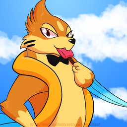 3_fingers anthro biped black_nose blue_fin blue_fins bow_tie bow_tie_only brown_eyes cheek_tuft cloud dessert eating eating_food facial_tuft fingers food fur ice_cream looking_at_viewer male mostly_nude orange_body orange_fur outside sky skyscape solo standing tuft nugget_kun nintendo pokemon floatzel generation_4_pokemon pokemon_(species) 1:1 2019