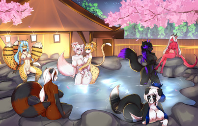 3_tails animal_genitalia animal_penis anthro balls bent_over big_breasts black_hair black_nipples blonde_hair blue_eyes blue_hair blue_nipples blue_nose breasts brown_spots building butt casual_nudity cherry_blossom chest_tuft collar detailed_background eyewear female fence fingers flower fully_sheathed fur genitals glasses group gynomorph gynomorph/female hair heterochromia horn hot_spring huge_breasts intersex intersex/female lamp lantern lights long_hair markings moon multi_tail multicolored_body multicolored_fur multicolored_hair night nipples non-mammal_nipples nude outside partially_submerged penis penis_tip pink_hair pink_nipples plant prunus_(flower) red_body red_scales rock scales sheath short_hair sky smile spots spotted_body spotted_fur spread_legs spreading tail tree tuft two_tone_hair water wet white_body white_fur white_hair zetsuboucchi mythology amaryllis_(amy)_sharmila chomi_(zetsuboucchi) elaine_(bornvictim) janice_(darkduck64) kalysta neko_ed sakura_d._lyall ailurid border_collie canid canine canis collie domestic_dog dragon felid feline fox herding_dog hybrid jaguar mammal mythological_creature mythological_scalie pantherine pastoral_dog red_panda scalie sheepdog wolf absurd_res digital_media_(artwork) hi_res shaded