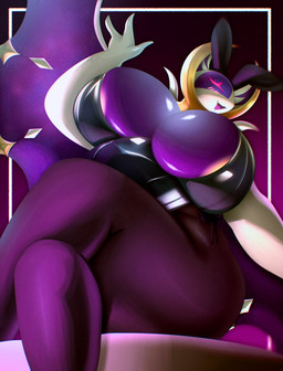 anthro areola belly big_breasts blush blush_lines breasts bunny_costume clothing costume female gesture happy huge_breasts latex legwear low-angle_view overweight overweight_anthro overweight_female pink_eyes purple_body simple_background smile smiling_at_viewer thick_thighs thigh_highs waving waving_at_viewer wide_hips yellow_areola parassite nintendo pokemon generation_7_pokemon legendary_pokemon lunala pokemon_(species) hi_res