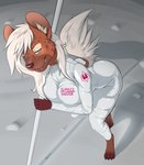 anthro astronaut astronaut_suit barefoot biped blue_eyes brown_body brown_nose clothed clothing ear_tuft eyebrows feet female fluffy fluffy_tail hair looking_at_viewer pole simple_background solo spots suggestive tail teeth text tight_clothing tuft white_clothing white_hair khayen jouska hyena mammal 2023 absurd_res digital_drawing_(artwork) digital_media_(artwork) english_text hi_res signature