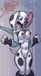 4_fingers annoyed anthro areola assisted_exposure biped blue_eyes breasts female fingers floppy_ears genitals nipples offscreen_character open_mouth pussy solo tail text bassybefuddle conditional_dnp 101_dalmatian_street 101_dalmatians disney dolly_(101_dalmatians) canid canine canis dalmatian domestic_dog mammal english_text hi_res