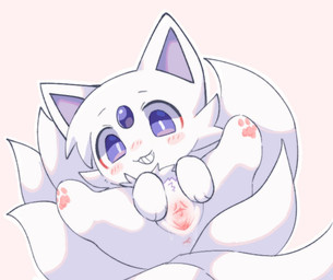 anus blue_eyes blush bodily_fluids cheek_tuft chibi clitoral_hood facial_tuft feet female female_feral feral forehead_gem fur gem genital_fluids genital_focus genitals grin head_tuft hindpaw humanoid_genitalia humanoid_genitalia_on_feral humanoid_vulva humanoid_vulva_on_feral inner_labia looking_at_viewer lying multi_tail noseless on_back outline paws semi-anthro simple_background smile solo spread_legs spread_vulva spreading tail tuft urethra vaginal_fluids vulva vulva_focus white_background white_body white_fur white_outline kirichiiii makemon amber_(makemon) canid canine fox mammal 2025 cel_shading digital_drawing_(artwork) digital_media_(artwork) shaded