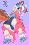 anthro blue_eyes blue_highlights bottomwear bulge butt clothed clothing crossdressing daisy_dukes denim denim_bottomwear denim_clothing denim_shorts dessert doughnut feet femboy food from_the_back fur hair heartbutt highlights_(coloring) hindpaw hotpants kemono looking_at_viewer looking_back male pastry pawpads paws pink_body pink_fur shorts sprinkles white_hair misterdonut donut_(misterdonut) canid canine canis domestic_dog food_creature mammal sprinkledog hi_res