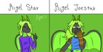 anthro black_body green_eyes green_hair hair horn jojo_pose male rigel_star rigel_star_dragon simple_background solo wings rigel_dragon mythology dragon mythological_creature mythological_scalie scalie hi_res meme