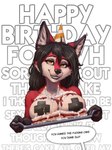 anthro birthday_cake black_hair breasts cake candle clothing countershade_face countershade_fur countershade_torso countershading dessert female fingers food fur hair hat headgear headwear humor inner_ear_fluff party_hat profanity red_body red_fur smile solo text tuft foxovh carmine_(foxovh) canid canine fox mammal 2024 english_text hi_res