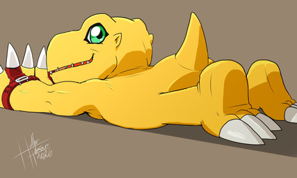 anthro claws green_eyes lying male on_front rear_view sharp_teeth smile solo teeth yellow_body heibanhikaru bandai_namco digimon digimon_data_squad agumon digimon_(species) scalie absurd_res hi_res