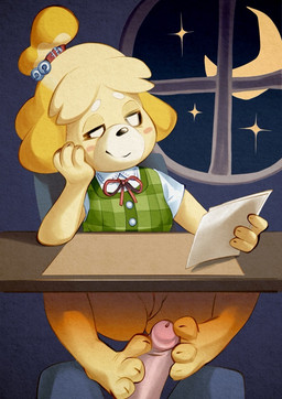 anthro biped blonde_hair blush clothed clothing detailed_background feet female female_on_human first_person_view foot_fetish foot_play footjob front_view genitals hair holding_object human_on_anthro human_pov inside interspecies male male/female male_on_anthro male_pov mouth_closed paper penile penis pupils sex smile spread_legs spreading thick_thighs topwear two-footed_footjob under_table vulva yellow_body xu53r animal_crossing nintendo isabelle_(animal_crossing) canid canine canis domestic_dog human mammal shih_tzu toy_dog 2025