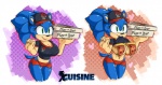 anthro big_breasts blue_body blue_fur breasts cleavage clothed clothing clothing_lift crossgender female flashing food fur off/on pizza shirt shirt_lift solo topwear missphase pizza_hut sega sonic_the_hedgehog_(series) sonic_the_hedgehog eulipotyphlan hedgehog mammal 2015