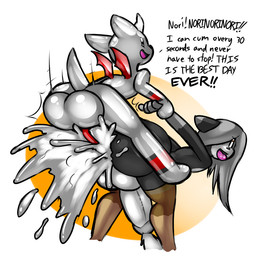 abstract_background anthro arm_grab arm_pull balls bent_over big_balls big_butt big_penis bodily_fluids butt cum duo erection excessive_cum excessive_genital_fluids from_behind_position genital_fluids genitals huge_balls inflatable latex male male/male penis prison_guard_position rear_view sex sex_doll simple_background text norithics mythology norithics_"nori"_kusemurai rutherford_(tkongingi) animate_inanimate dragon living_inflatable mammal mythological_creature mythological_scalie procyonid raccoon scalie english_text