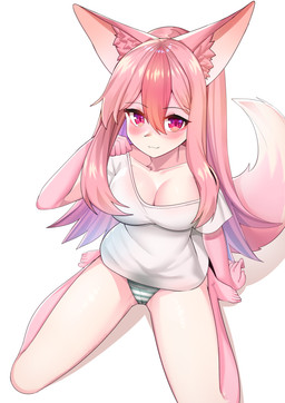 5_fingers 5_toes anthro barefoot black_nose breasts clothed clothing feet female fingers fluffy fluffy_tail fur glistening glistening_hair hair inner_ear_fluff kneeling long_hair panties paw_pose pink_body pink_eyes pink_fur pink_hair pose simple_background solo tail toes translucent translucent_hair tuft underwear white_background kemo_neko brand_new_animal studio_trigger nazuna_hiwatashi canid canine fox mammal 2020 absurd_res digital_media_(artwork) hi_res shaded