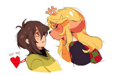 ambiguous_gender anthro antlers begging big_ears black_nose blonde_hair blush blush_lines brown_body brown_fur checkered checkered_clothing checkered_shirt checkered_topwear clothed clothed_anthro clothed_human clothing dark_hair duo_focus encouragement eyebrows eyes_closed female female/ambiguous female_anthro fingers freckled_face freckles fur group hair hair_over_eye heart_symbol horn imminent_kiss interspecies_romance kissing leaning leaning_forward lips long_ears long_hair love pattern_clothing pattern_shirt pattern_topwear pushing red_eyes romantic romantic_couple scut_tail shirt short_hair short_tail simple_background striped_clothing stripes sweater tail topwear trio white_background cynessai deltarune undertale_(series) kris_(deltarune) noelle_holiday deer human mammal new_world_deer reindeer soul_(undertale) hi_res