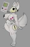 anthro anthrofied black_eyes covered_nipples digital_media_(artwork) elzorrogomita eyelashes featureless_crotch female fur game_boy game_boy_family grey_body grey_fur hi_res machine nintendo onomatopoeia protogen protogen_visor reference_image simple_background sound_effects text thick_eyelashes thick_thighs white_body white_fur wide_hips