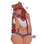 5_fingers accessory anthro beverage big_breasts blue_bottomwear blue_clothing blue_shorts bottomwear bow_ribbon braided_hair breasts brown_eyes brown_hair clothed clothing denim denim_bottomwear denim_clothing denim_shorts female fingers hair hair_accessory hair_bow hair_ribbon holding_beverage holding_object huge_breasts long_hair milkshake navel one_eye_closed open_mouth open_smile ribbons shirt shorts simple_background smile solo topwear unbuttoned unbuttoned_bottomwear unbuttoned_shorts white_background white_clothing white_shirt white_topwear luxurias grimace_shake mcdonald's beau_(luxurias) bear brown_bear grizzly_bear mammal ursine 2023 hi_res meme