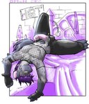 0r0ch1 2002 anthro biped bodily_fluids bottomwear clothed clothing cuff_(restraint) cum erection genital_fluids genitals hair handcuffs humanoid_genitalia humanoid_penis hyena male mammal metal_cuffs pants partially_clothed penis preyfar purple_hair raver restraints shackles solo spotted_hyena tail yellow_eyes