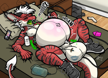 5_fingers air_inflation animal_genitalia anthro ball_inflation balls bed bedroom belly belly_blush belly_inflation belt big_balls big_belly black_clothing black_ear_tips black_footwear black_shoes black_sneakers black_stripes blush body_blush bulb_pump cellphone clothing dipstick_ears ear_markings ear_piercing ear_ring electronics eyes_closed fingers footwear fur furniture genitals green_mouth green_tongue groaning_belly hair humanoid_hands industrial_piercing inflation kiss_mark_on_balls lying lying_on_bed male markings multicolored_ears navel navel_barbell navel_piercing on_back on_bed open_mouth outie_navel phone piercing profanity red_body red_fur ring_piercing saline_inflation scrotal_inflation sheath shoes smartphone solo spread_legs spreading striped_body striped_fur stripes tail tongue tongue_piercing tongue_stud white_body white_fur white_hair dathgar liquid_silk dathy_(dathgar) kobold scalie hi_res