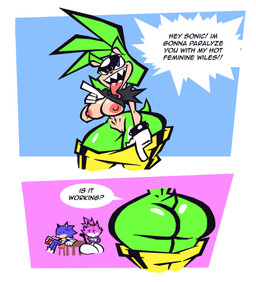 anthro areola bodily_fluids bottomwear bottomwear_down breasts butt clothed clothing dialogue female flashing flashing_breasts flashing_pussy genitals gloves group handwear male navel nipples no_underwear open_mouth pants pants_down partially_clothed sharp_teeth speech_bubble sweat sweatdrop tail teeth text tongue tongue_out trio vulva sabs idw_publishing sega sonic_the_hedgehog_(comics) sonic_the_hedgehog_(idw) sonic_the_hedgehog_(series) blaze_the_cat sonic_the_hedgehog surge_the_tenrec afrosoricid domestic_cat eulipotyphlan felid feline felis hedgehog mammal tenrec absurd_res comic english_text hi_res