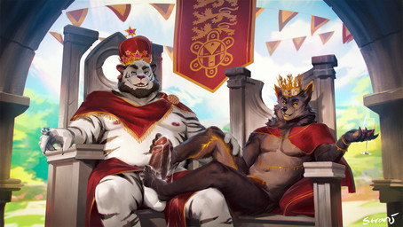 anthro balls banner beard bodily_fluids bracelet bunting_(banner) cape chair claws clothing container crown cum cum_on_feet cum_on_penis cup digit_ring drinking_glass duo erection facial_hair feet finger_claws finger_ring foot_fetish foot_play footjob fur furniture genital_fluids genitals glass glass_container glass_cup headgear holding_container holding_cup holding_drinking_glass holding_object holding_wine_glass humanoid_genitalia humanoid_penis jewelry male male/male markings mostly_nude neck_tuft nipple_piercing nipples pecs penis piercing sex sitting stripes throne toe_claws tuft white_body white_fur wine_glass yellow_eyes yellow_markings civetstranj canid canine canis felid mammal pantherine tiger wolf 2026 digital_media_(artwork) hi_res signature