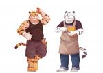 anthro apron clothing duo felid gloves handwear lowergold male mammal pantherine simple_background tiger tools white_background